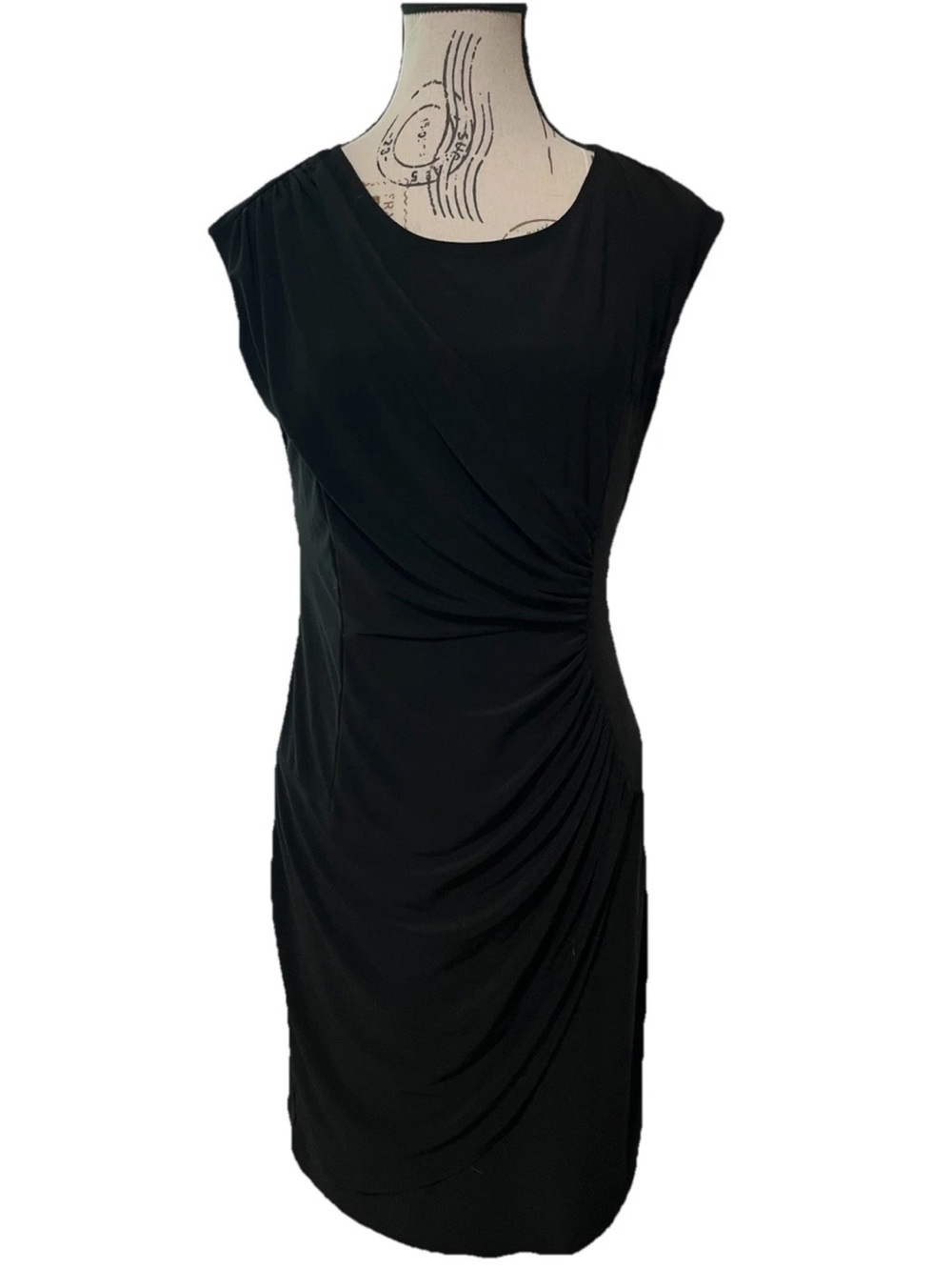 Tiana B Classic Little Black Sheath Dress Sleeveless Ruched Side Size  6